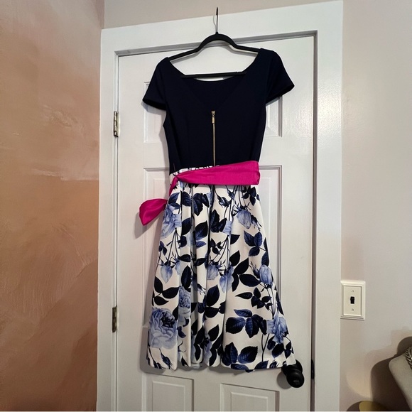 #127 ELIZA J FLORAL NAVY AND PINK TEA LENGTH DRESS 10 - Picture 2 of 6